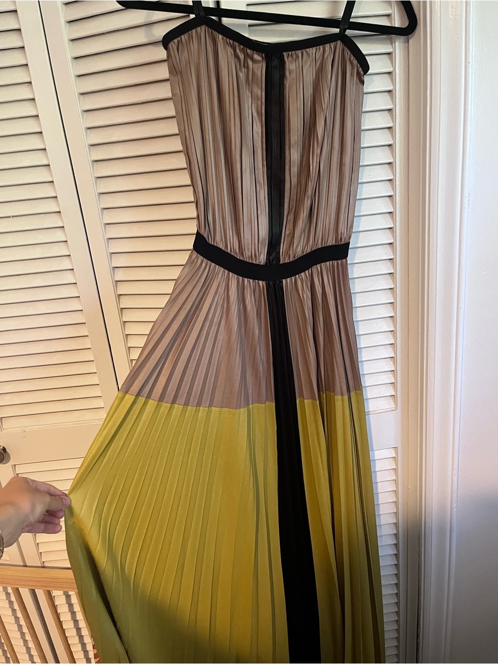 BCBGMaxAzria Pleated Strap Maxi Dress in Taupe, Black & Chartreuse